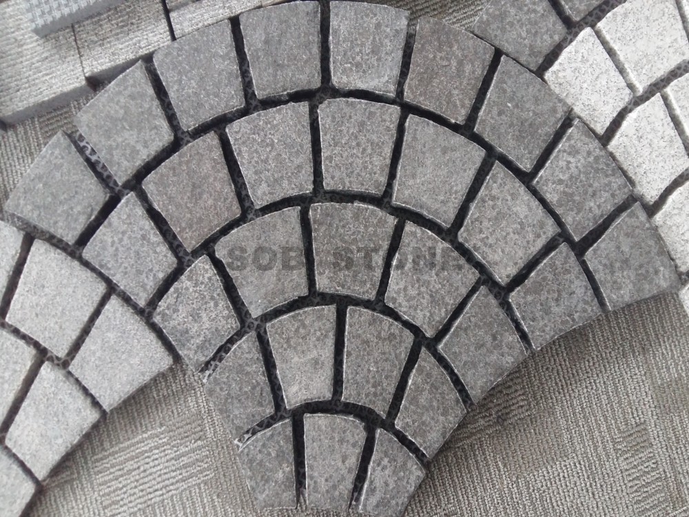 G684 Black Granite Basalt Cobble Fan Shape Pavers On Sheet