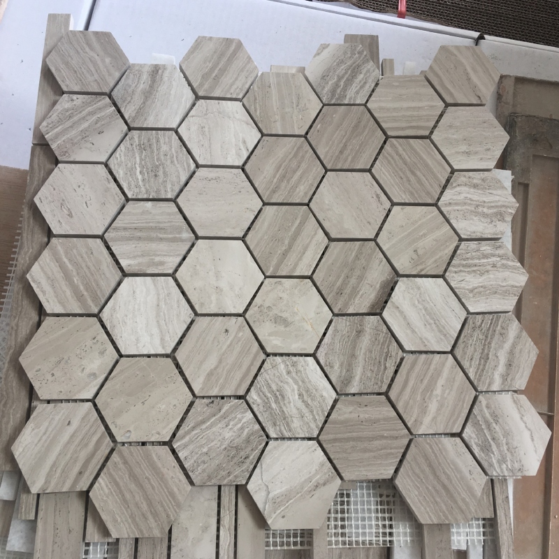 White Wooden Marble Hexagon Mosaic Tiles