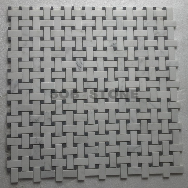 Carrara White Marble Mosaic Tiles Basketweave With Black Marquina Dots