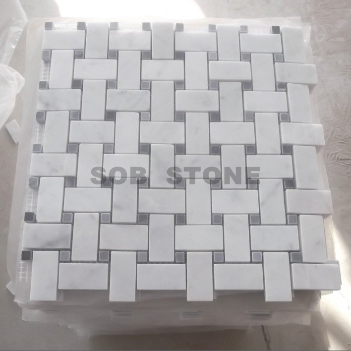 Carrara White Marble Mosaic Tiles Basketweave With Grey Bardiglio Dots