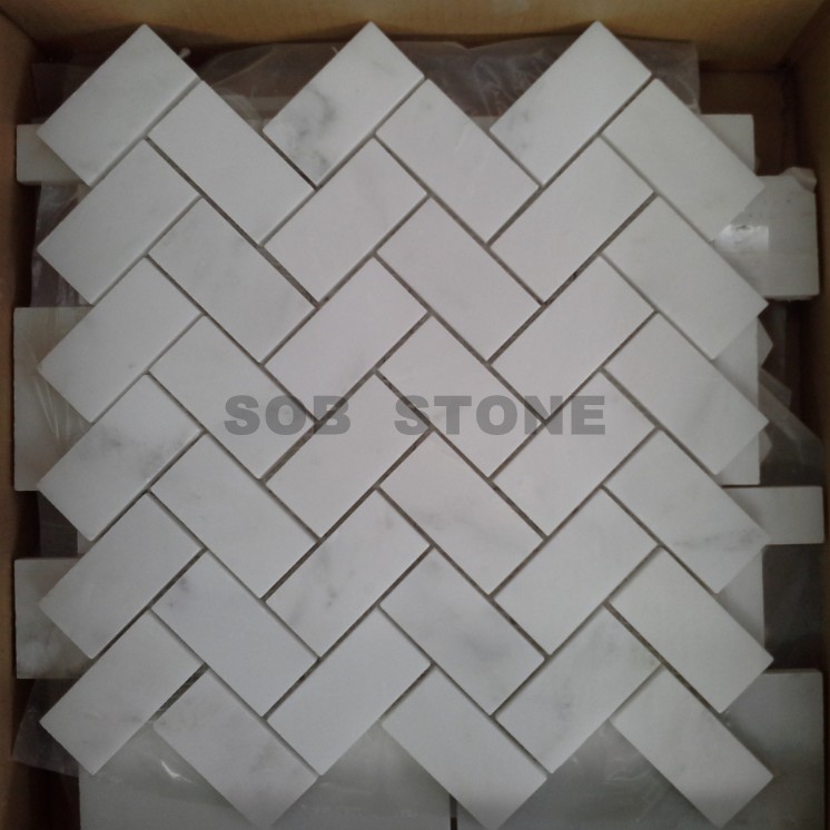 Oriental White Marble Herringbone Mosaic Tiles