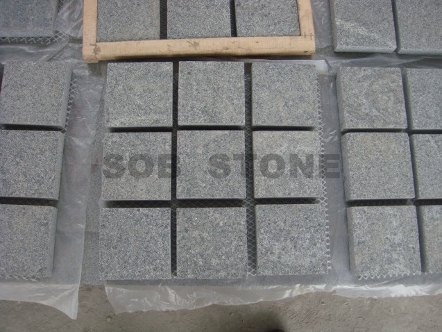 G654 Blue Grey Granite Flamed Cobbles On Sheet