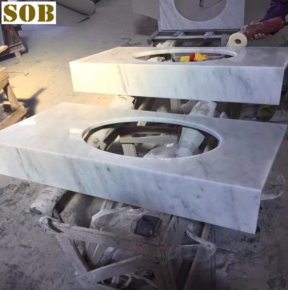 Carrara White Marble Vanity Top with Seamless Mitered Edge