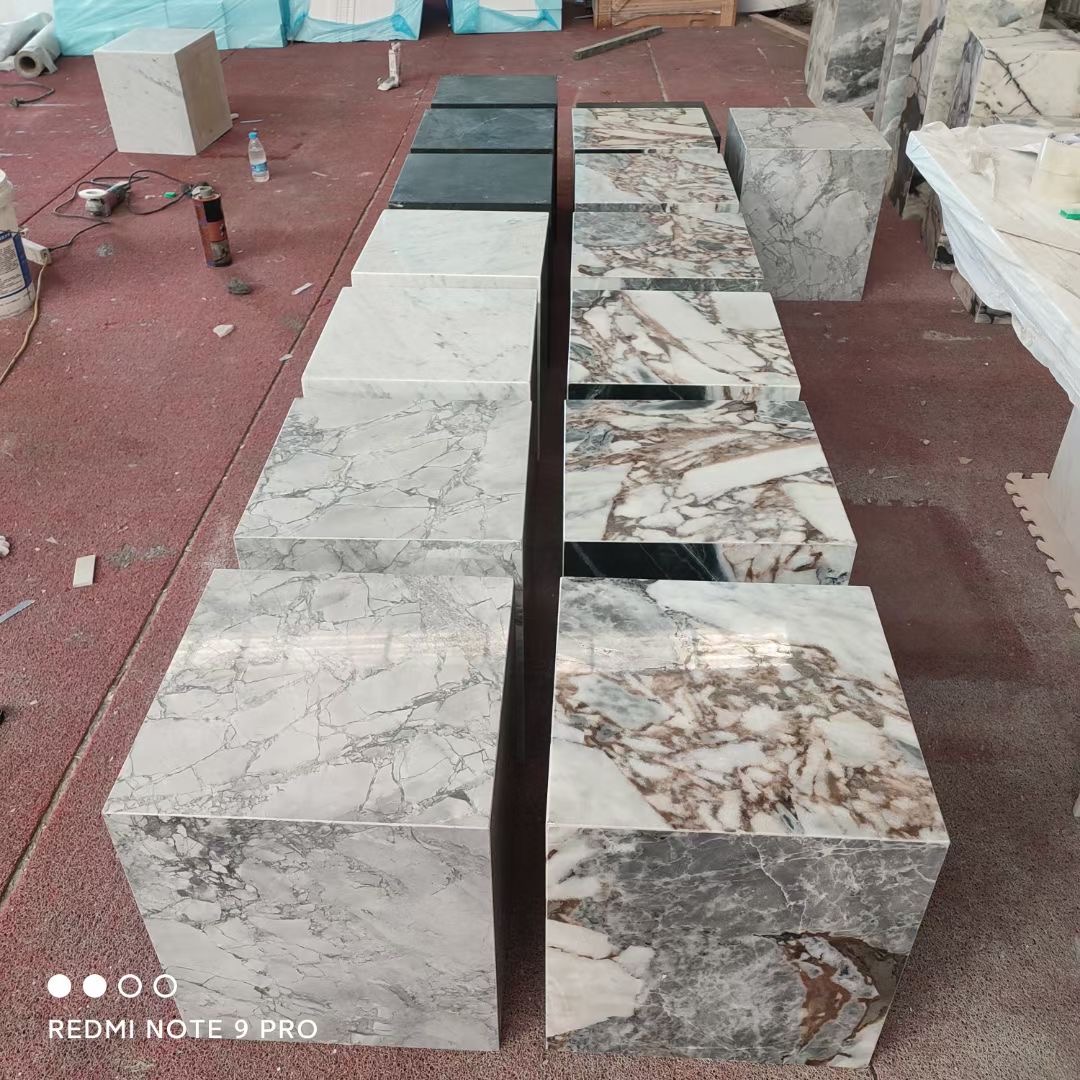 Custom Calacatta Blue Marble Cube Plinth